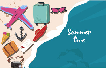 Summer time. Horizontal advertising banner on the theme of rest, relaxation, travel. Summer accessories on the beach. Vector hand drawn illustration.
