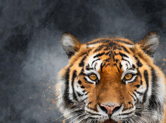 Front view of an angry tiger on a dark abstract background 2k wallpaper