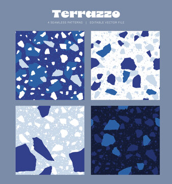 Terrazzo ice white blue coloured seamless pattern background 4 pack