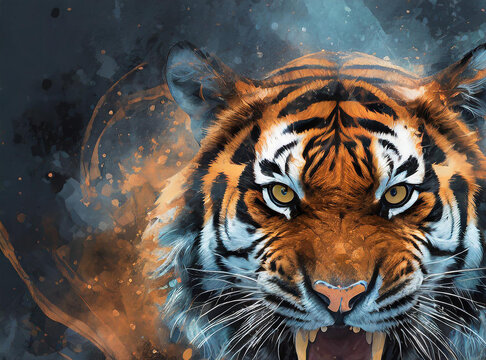 Front view of an angry tiger on a dark abstract background 2k wallpaper