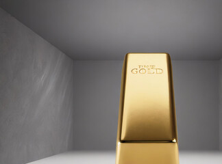 3d rendering image of a gold ingot in the center in the air of an empty gray room.