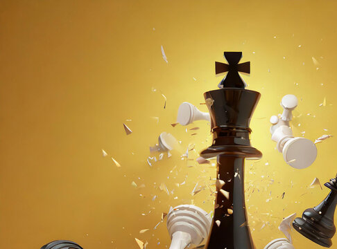 3d rendering image of a king chess smashing the other chess pieces in the center in the air of an empty yellow room