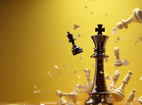 3d rendering image of a king chess smashing the other chess pieces in the center in the air of an empty yellow room