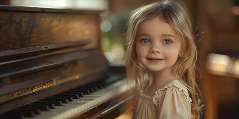 An adorable little pianist girl learns music notes on the piano during her lesson.