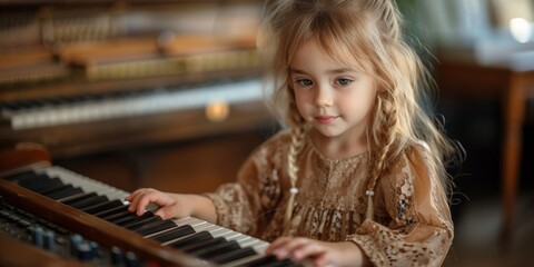 A cute little girl practices playing the piano, immersed in the melody during her music lesson.