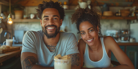 A laughing, affectionate couple enjoys a rustic kitchen, sharing snacks and drinks together.