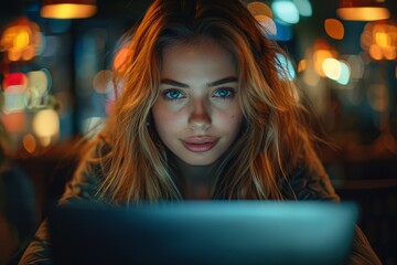 Fototapeta premium A lovely young blonde woman browses on her laptop, enjoying the night.