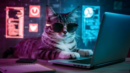 A cat with sunglasses types on a laptop in a hackerthemed settin. Concept Cat, Sunglasses, Laptop, Hacker Theme