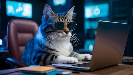 Stylish Cat in Sunglasses Working on Laptop in Hacker-Inspired Scene. Concept Stylish Cat, Sunglasses, Laptop, Hacker-Inspired Scene