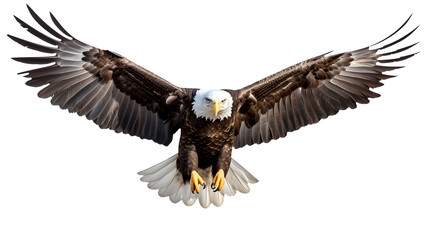  A majestic American bald eagle in mid-flight, captured in high resolution against a pristine white solid background, evoking a sense of freedom

