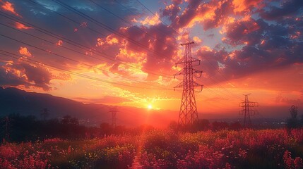 Golden hour paints the sky behind a high voltage electric towe - obrazy, fototapety, plakaty