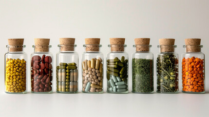 "Pharmaceutical Harmony"
An orderly array of glass bottles filled with various herbal and medicinal capsules, each topped with a natural cork stopper, on a pure white surface.