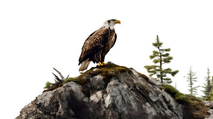  An American bald eagle surveying its surroundings from a rocky ledge on a clean white solid background, symbolizing the essence of wilderness
