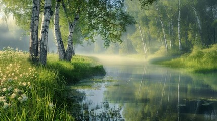 a spring meadow draped in mist, with a small river winding through, flanked by elegant birch trees after a refreshing rain shower.