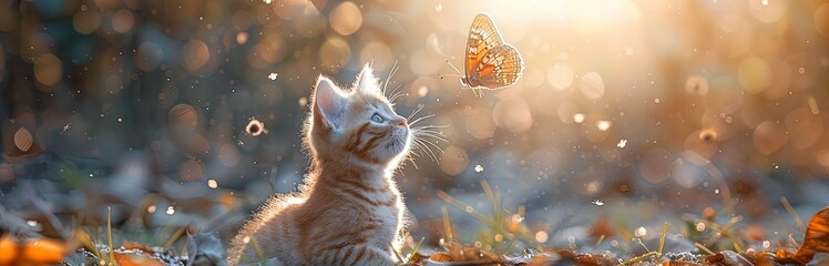 Enchanting scene of a playful cat chasing a delicate butterfly, capturing the beauty of nature in