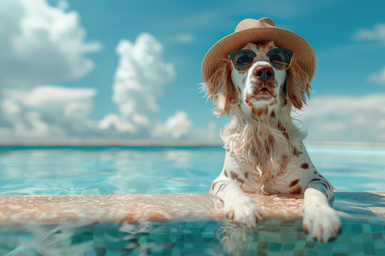 A cute English Bulldog is sitting on the edge of an infinity pool, looking at the camera with a blue sky background and white clouds floating in the air. Created with Ai