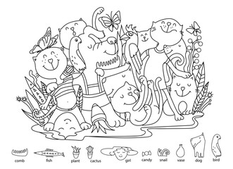 Funny cats and dogs. Find and color the hidden objects and count the cats. Funny puzzle educational game for kids. Coloring book. Sketch Vector illustration.
