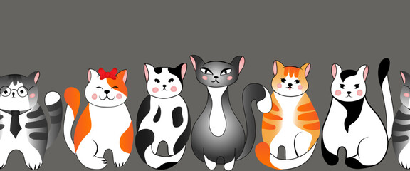 Seamless border (pattern) with cute red and grey cats on grey background. Vector illustration for children.