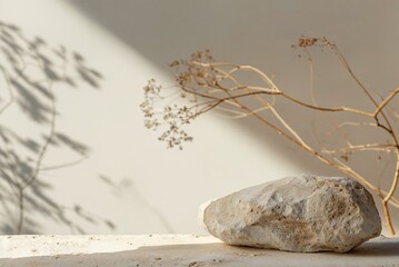 An empty podium with a beige rock, soft shadows, and dried twigs on a light wall background. The composition in the style of minimalism is for showcasing cosmetic products with a touch of nature.