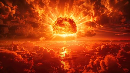 Nuclear blast above the clouds. Red and orange fire mushroom. Atomic bomb explosion. Apocalypse, world war. AI Generated