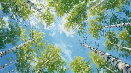 Fototapeta premium birch trees adorned with lush green leaves, their slender trunks reaching towards a summer blue sky, allowing rays of sunlight to filter through the foliage.