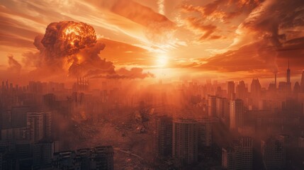 Nuclear explosion in a big city. Fire mushroom cloud. Atomic bomb blast. Apocalypse, world war. AI Generated - obrazy, fototapety, plakaty