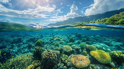 Fototapeta na wymiar Half-submerged view of marine life harmony