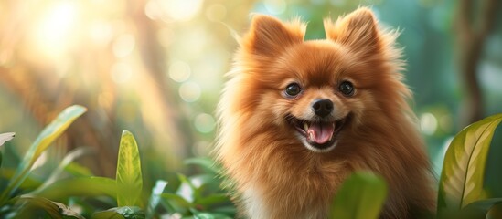 Portrait of cute joyful Pomeranian, pet dog animal banner with copy space