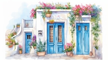 Fototapeta na wymiar Greek Village Scenery Illustration on white background