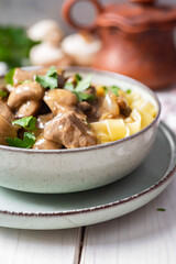 Dinner dish for the whole family: pasta with mushrooms, cream sauce, fresh herbs and meat in a plate on a white background. Close-up