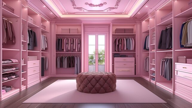an AI image capturing the essence of a luxurious walk-in closet, highlighting the beauty of a pink-themed wardrobe with shelves neatly organized to showcase stylish clothing attractive look
