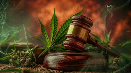 Cannabis law and legal Recreational Weed. Judge gavel with cannabis leaf - obrazy, fototapety, plakaty