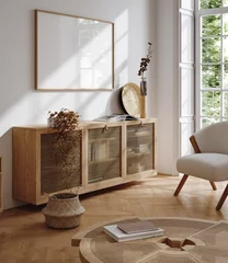 Foto auf Alu-Dibond Höhenskala Home interior mock up, cozy modern room with natural wooden furniture, 3d render