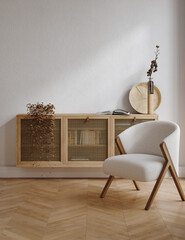 Naklejka premium Home interior mock up, cozy modern room with natural wooden furniture, 3d render