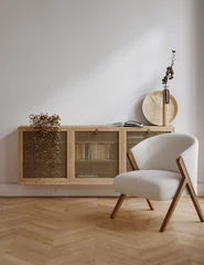 Fototapeten Home interior mock up, cozy modern room with natural wooden furniture, 3d render © artjafara