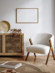 Fototapeten Home interior mock up, cozy modern room with natural wooden furniture, 3d render © artjafara