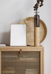 Fotobehang Lengtemeter Home interior mock up, cozy modern room with natural wooden furniture, 3d render