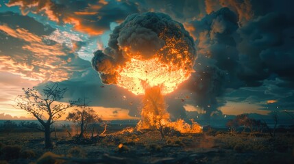 Nuclear blast. Fire mushroom cloud. Atomic bomb explosion. Deserted land. Apocalypse, world war. AI Generated