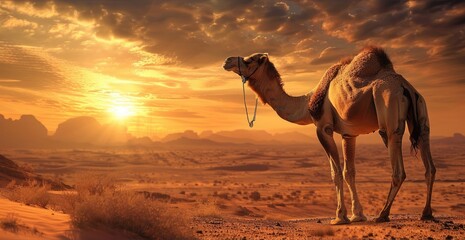 Camel in the desert at golden hour sunset. AI Generated 
