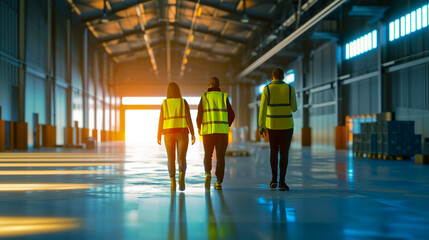 Staff in reflective vests walking in a warehouse. Back view.