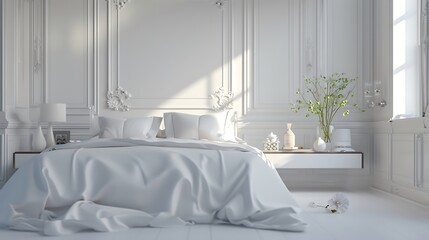 an AI image of a high-end bedroom with a white accent wall and elegant furnishings attractive look