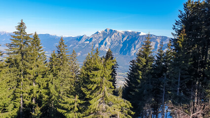 Panoramic view from idyllic forest in Dreilaendereck in untamed Karawanks, Carinthia, Austria. Alpine landscape in spring in Austrian Alps. Looking at mountain peak Dobratsch. Wanderlust in nature
