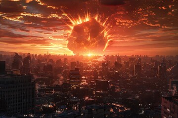 Nuclear explosion in a big city. Fire mushroom cloud. Atomic bomb blast. Apocalypse, world war. AI Generated