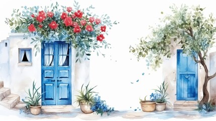 Greek Village Scenery Illustration on white background