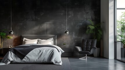 an AI image of a luxurious modern bedroom with a grey wall texture background attractive look