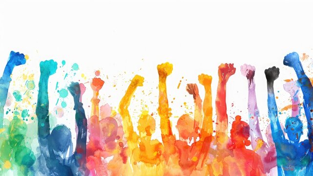 Vibrant watercolor illustration of multiethnic people raising fists for diversity, inclusion, belonging, love, and caring on a white background.