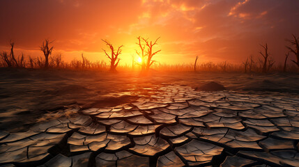 Cracked dry land with dead trees and sky in the background, concept of global warming - obrazy, fototapety, plakaty