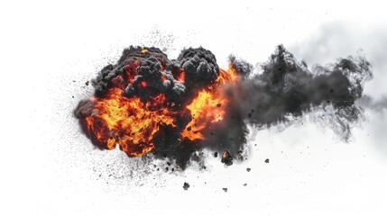 Isolated fireball with smoke and fire as fiery explosion on white background - obrazy, fototapety, plakaty