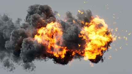 Isolated fireball with smoke and fire as fiery explosion on grey background