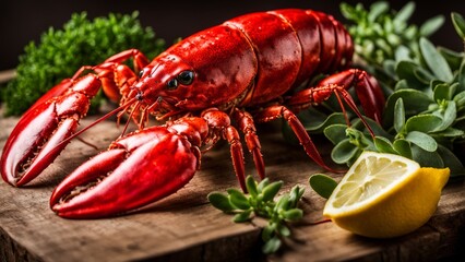 A juicy lobster with a bright red shell, decorated with fresh herbs and lemon slices, is elegantly served on a wooden table in a rustic style.